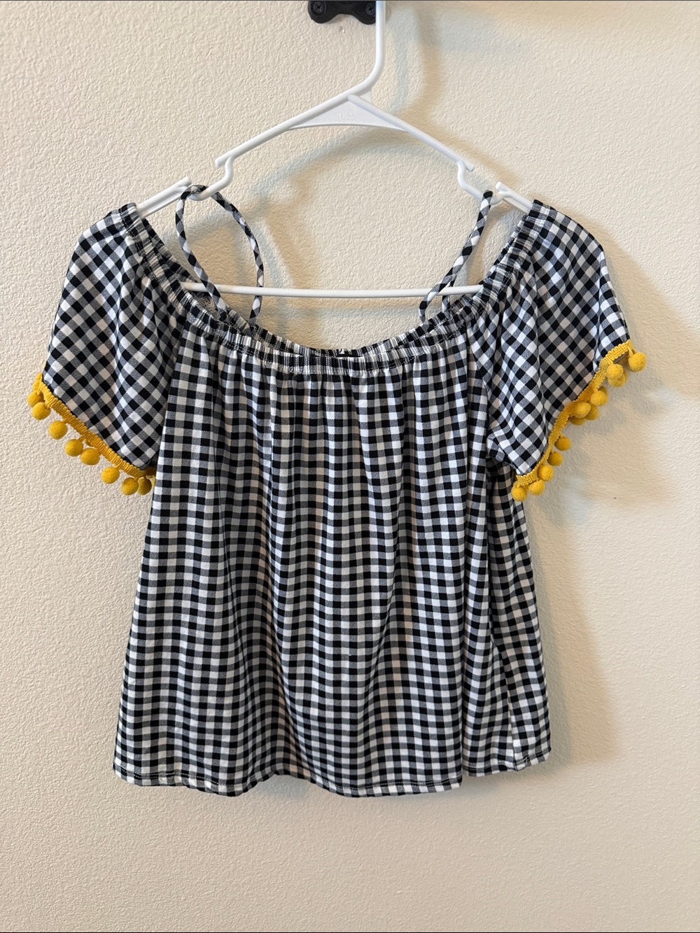 Black & White Gingham Off-Shoulder with Yellow Pom Trim